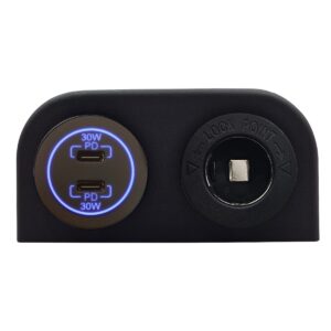 ProRide 12-24V USB C Autolader 2 Poorten Opbouw - 30W+30W - Sigarettenaansteker - Tweevoudig Paneel - Blauw