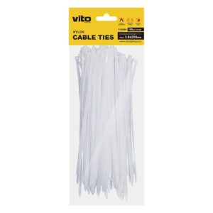 VITO Kabelbinder 3.6x200mm - Wit - 100 stuks - Kunststof Kabelklem met sluiting - bundelen en bevestigen van Kabels en draden