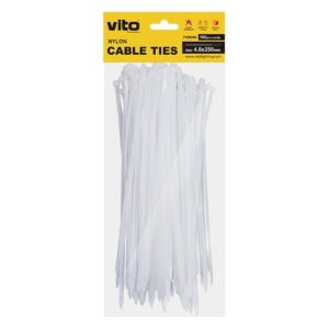 VITO Kabelbinder 4.8x250mm - Wit - 100 stuks - Kunststof Kabelklem voor stevig bundelen en bevestigen van Kabels en draden