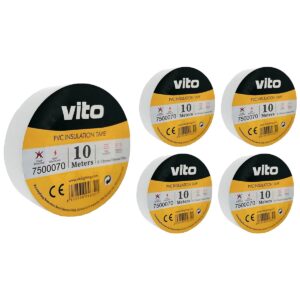 VITO Isolatietape 10 meter - Brandvertragend - Elektrische Isolatietape PVC Tape - Wit - 5 stuks