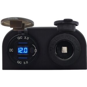 ProRide 12V USB Autolader 2 Poorten Opbouw met Schakelaar/Voltmeter - QC3.0 - DS2120B - met 12/24V Sigaretten stopcontact - Blauw
