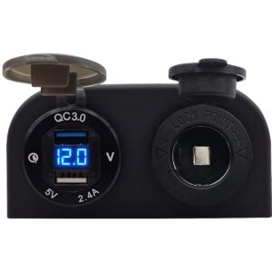 ProRide 12V USB Autolader 2 Poorten Opbouw met Voltmeter - 5V/2.4A - DS2114B - met 12/24V Sigaretten stopcontact - Blauw