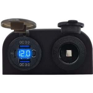 ProRide 12V USB C Stopcontact 3 Poorten Opbouw met Schakelaar/Voltmeter - QC3.0 - met 12/24V Sigaretten stopcontact - Blauw