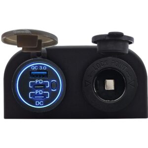ProRide 12V USB/USB C Stopcontact 3 Poorten met schakelaar - Opbouw - QC3.0 - met 12/24V Sigaretten stopcontact - Blauw