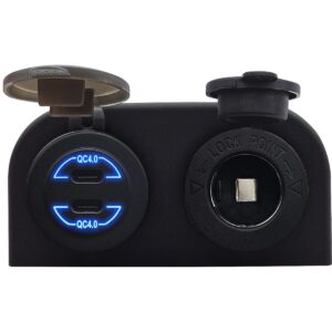 ProRide 12V USB C Autolader 2 Poorten Opbouw - 30W/QC4.0 - met 12/24V Sigaretten stopcontact - Blauw